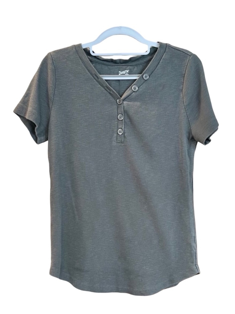 Duluth Trading Women's Short Sleeve Ribbed Tee with Buttons Gray Med